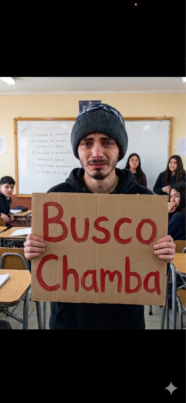 Sebas sosteniendo un cartel que dice Busco Chamba
